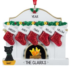 Image of Fireplace Family Of 5 With Cat Ornament