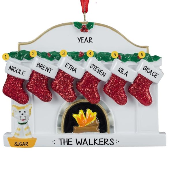 Image of Fireplace Family Of 6 With Cat Personalized Ornament
