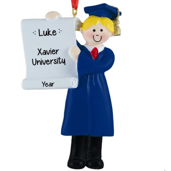 Boy College Graduation BLUE Robe Personalized Ornaments BLONDE Hair