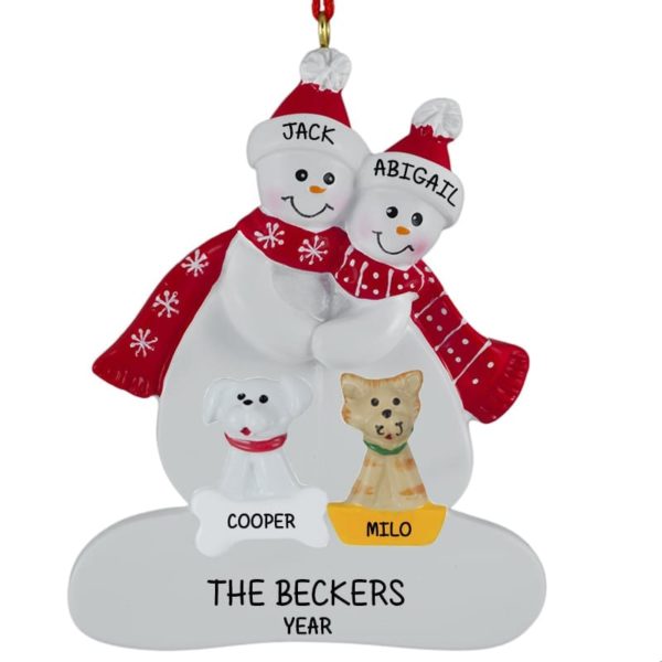 Personalized Snow Couple With 2 Pets RED Scarves Ornament