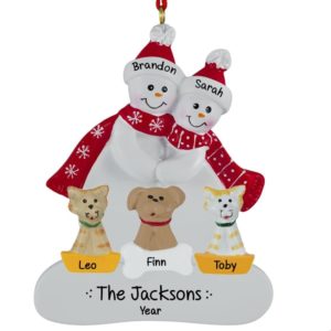 Image of Snow Couple With 2 Cats And A Dog Ornament