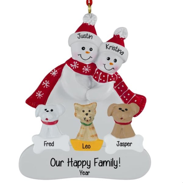 Snow Couple With 2 Dogs And A Cat Ornament