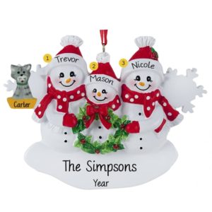 Image of Snow Family Of 3 Holding Wreath + CAT Ornament