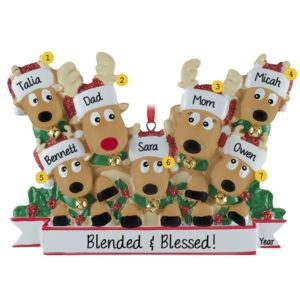 Image of Blended Family Of 7 Reindeer Jingle Bells Personalized Ornament