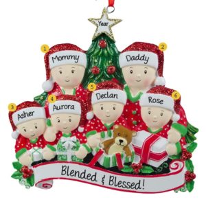 Blended Family Of 6 Opening Christmas Presents Ornament