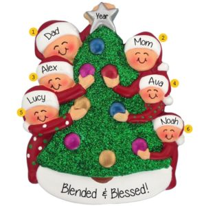 Image of Blended Family Of 6 Decorating Christmas Tree Ornament