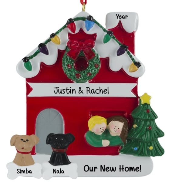 Image of New Home Couple With 2 Dogs Personalized Ornament BLONDE Male BRUNETTE Female