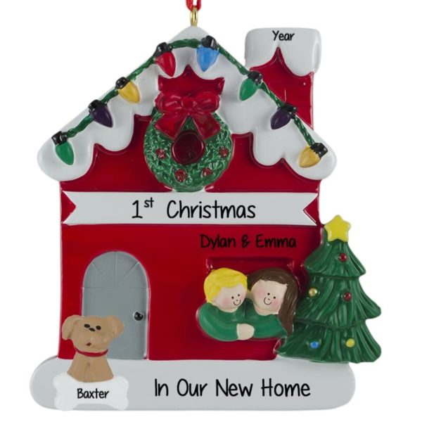 Personalized New Home Couple With Dog Ornament BLONDE Male BRUNETTE Female