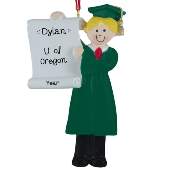 Image of Personalized Boy College Graduation GREEN Gown & Cap Ornament BLONDE