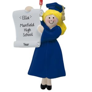 Personalized Girl High School Graduate BLUE Cap & Gown Ornament BLONDE