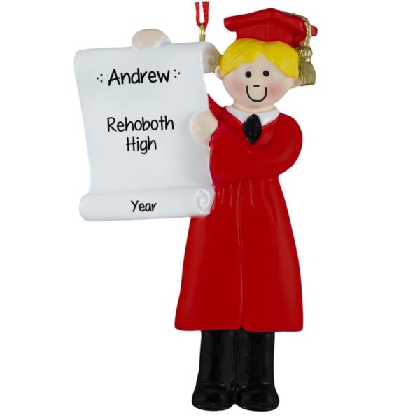 Personalized MALE High School Graduate Wearing RED Robe Ornament BLONDE Hair