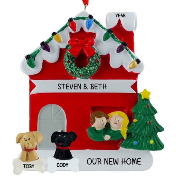 New Home Couple With 2 Dogs RED House Ornament BROWN Male BLONDE Female