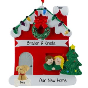 New Home Couple + Dog Christmasy House Ornament BROWN Hair Male BLONDE Female
