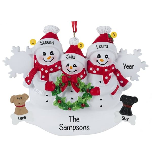 Snow Family Of 3 Holding Wreath With 2 DOGS Ornament