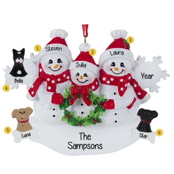 Snowflake Family Of 3 With 3 Dogs Ornament