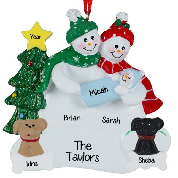 Personalized Snow Couple Holding Baby BOY+ 2 DOGS Ornament