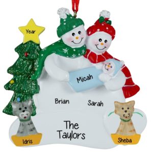 Personalized Snow Couple Holding Baby BOY+ 2 CATS Ornament