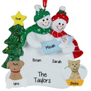 Personalized Snow Couple Holding Baby BOY With Cat And Dog Ornament