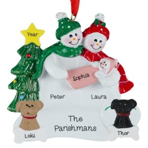 Snow Couple Holding Baby GIRL + 2 Dogs Ornament