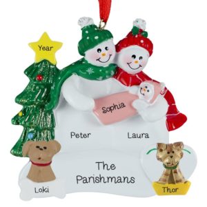 Personalized Snow Couple Holding Baby GIRL With CAT And DOG Ornament