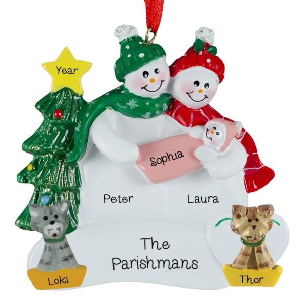 Snow Couple Holding Baby GIRL + 2 Cats Ornament