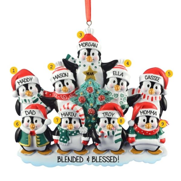 Blended Family Of 9 Penguins Glittered Tree Ornament