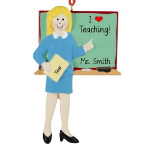 Personalized Female BLONDE Teacher At Chalkboard Ornament