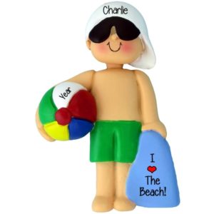 I Love The Beach BOY Holding Ball Personalized Ornament