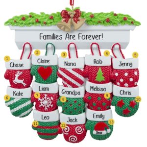 Image of Personalized Family Of 13 Mittens On Mantle Ornament