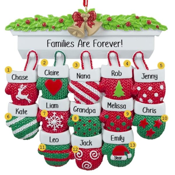 Personalized Family Of 13 Mittens On Mantle Ornament