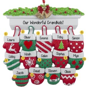 Personalized 14 Grandkids Mittens On Mantle Ornament