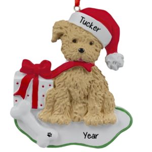 Image of Personalized TAN Little Fluffy Dog With Present Ornament