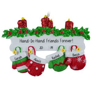 Image of Personalized 4 Friends Mittens With CANDLES Ornament RED & GREEN