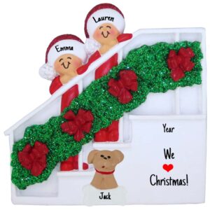 Single Parent + 1 Child + Dog Christmas Bannister Glittered Ornament
