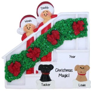 Single Parent + 1 Child + 2 Dogs Christmas Bannister Glittered Ornament