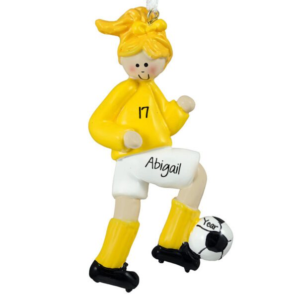Image of Soccer Player Girl YELLOW Shirt Personalized Ornament BLONDE