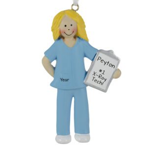Personalized X-ray Tech Wearing BLUE Scrubs Ornament BLONDE