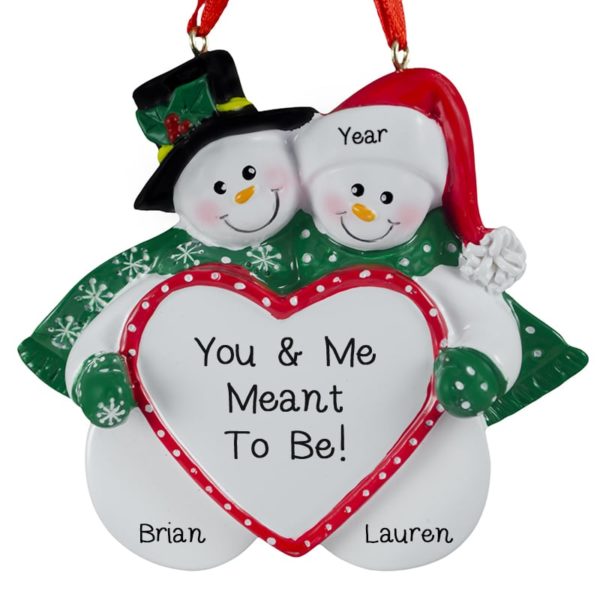 Personalized Snow Couple Holding RED Dotted Heart Ornament