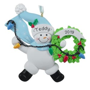 Personalized Snowman BLUE Hat & Scarf Christmas Lights Ornament