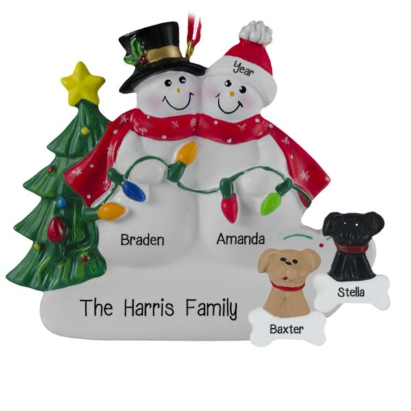 Personalized Snow Couple Holding Christmas Lights + 2 Dogs Ornament