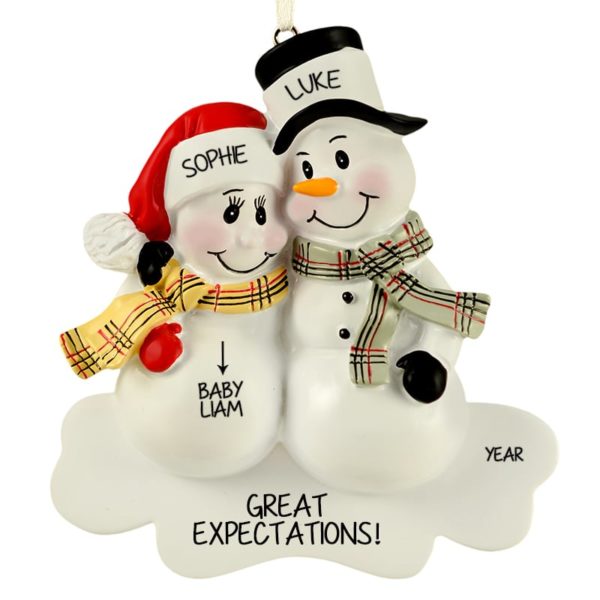 Personalized Pregnant Snow Couple Plaid Scarves Ornament