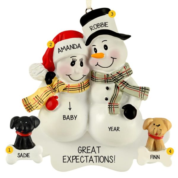 Expecting Snow Couple + 2 DOGS Personalized Ornament