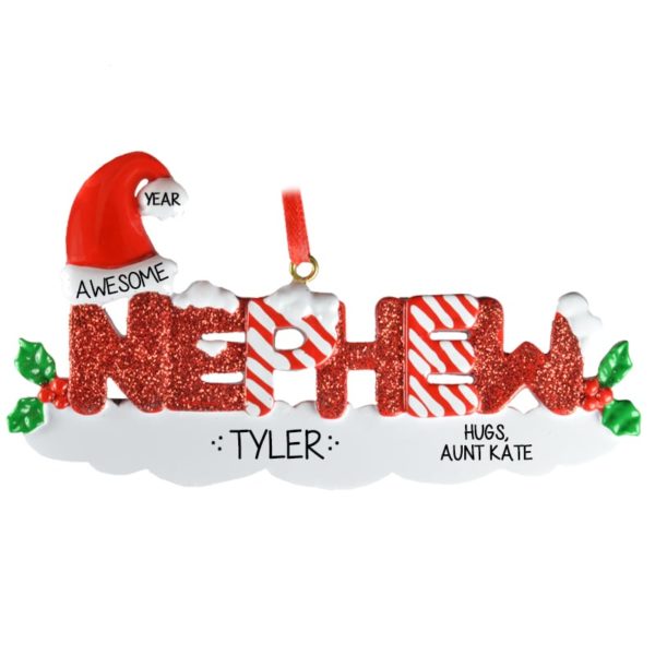 Awesome Nephew Red Glittered Letters Ornament