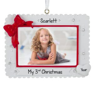 Personalized Baby's 3RD Christmas RED & WHITE Scalloped Picture Frame Ornament