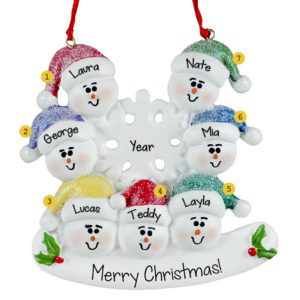 Family Of 7 Snowmen Around Flake Glittered Ornament