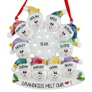 10 Grandkids Snowmen Around Flake Ornament