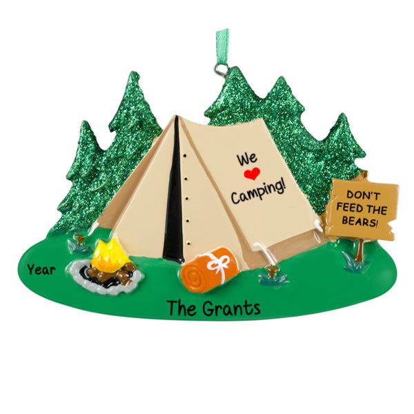 We Love Camping Tent Campfire + Glittered Trees Ornament