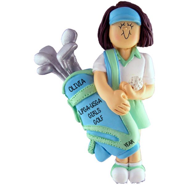 Personalized Golf Camp Girl Holding Clubs Ornament BRUNETTE