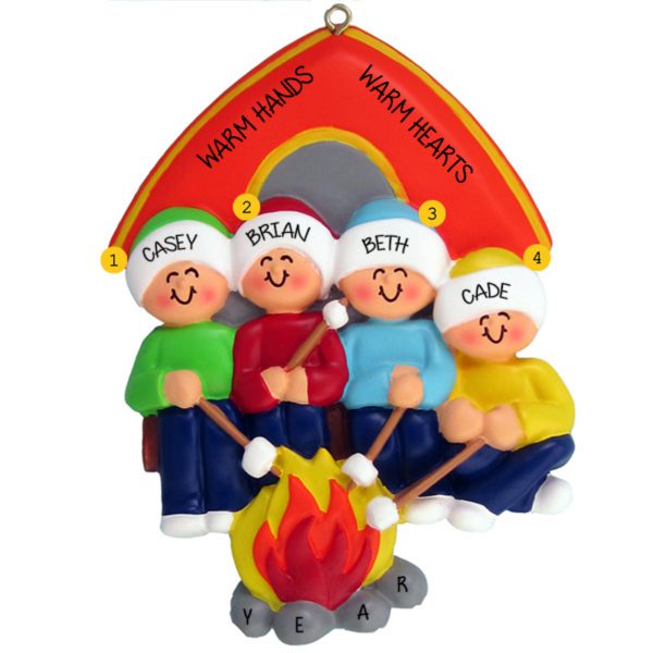 Family Of 4 Roasting Marshmallows Camping Ornament