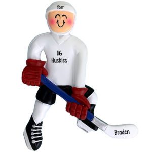 Hockey Player Holding Stick White Helmet Ornament